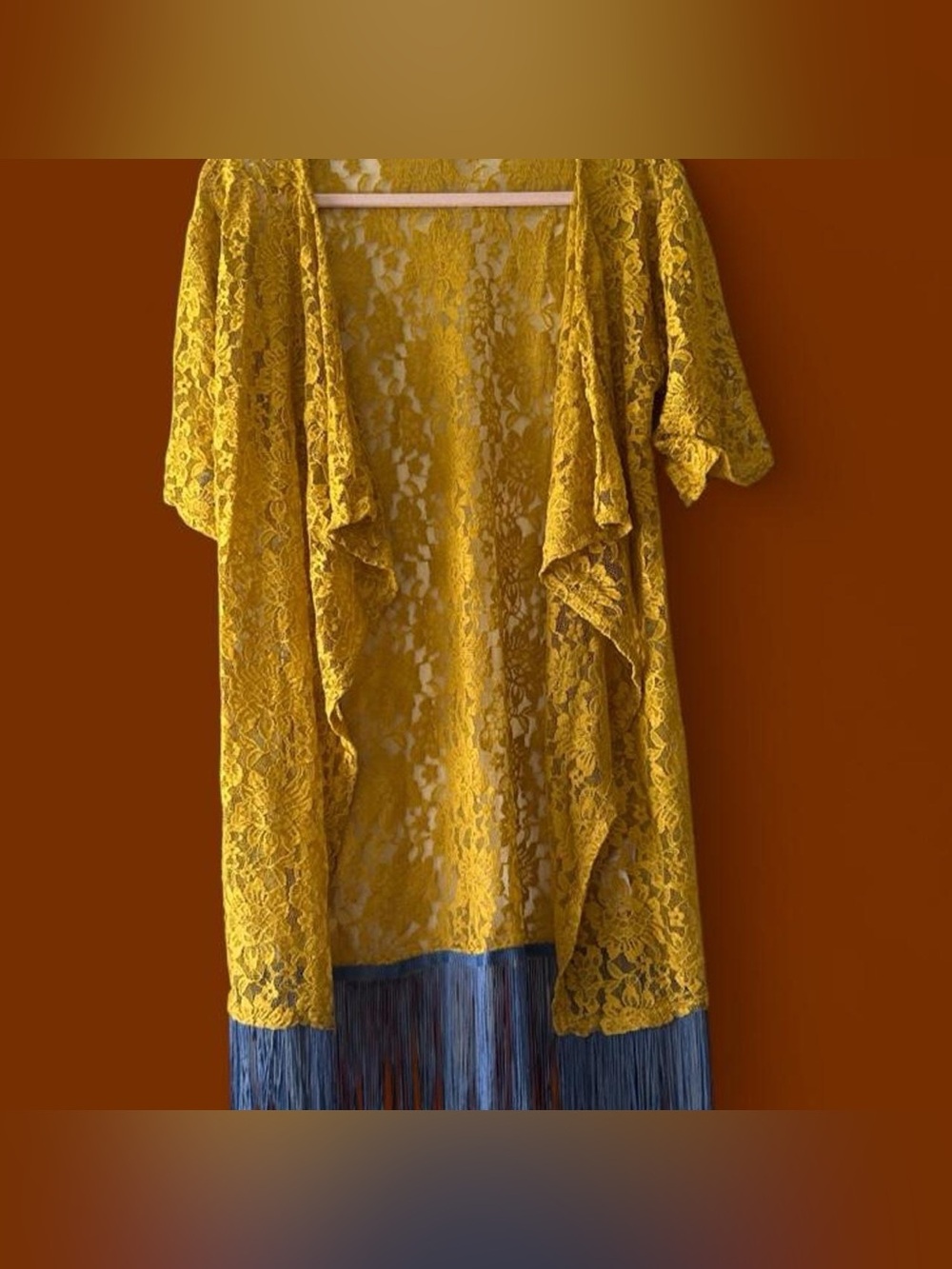 LuLaRoe Mustard Yellow Lace Fringe Kimono